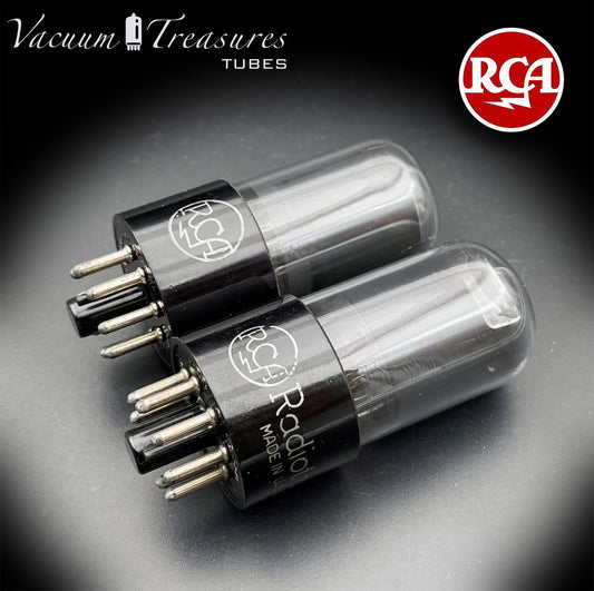 6SN7 GT RCA Radiotron Smoked Glass Matched Pair Silver Logo Black Plates D Getter AMPLITREX Tested Low Noise Tubes
