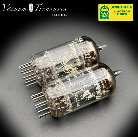 12AX7 / ECC83 NOS Amperex Bugle Boy Matched Pair AMPLITREX Tested Long Plates Foil Getter '50s