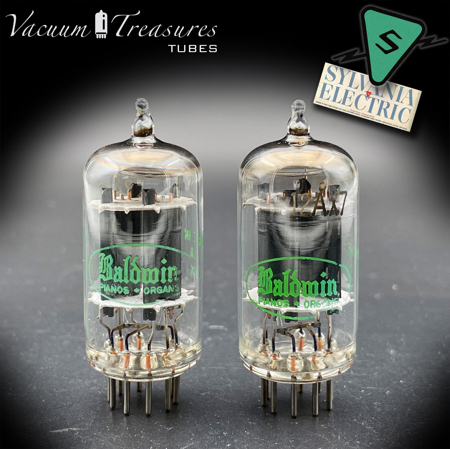 12AX7 ECC83 NOS Baldwin by SYLVANIA – Matched Pair – Long Gray Plates Halo Getter USA 1951