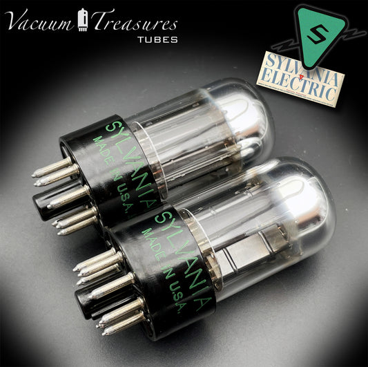 6SN7GTB NOS SYLVANIA CHROME TOP Green Dot Matched Pair Black Plates Tubes USA '50s