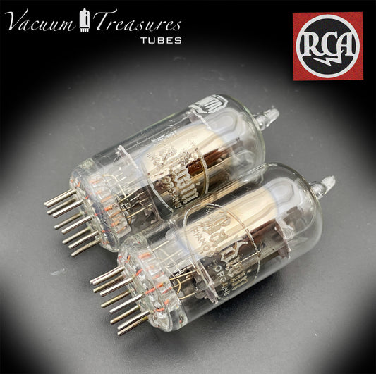 12AU7 / ECC82 Baldwin by RCA AMPLITREX Matched Pair Clear Top Long Gray Plates Side D Getter Tubes