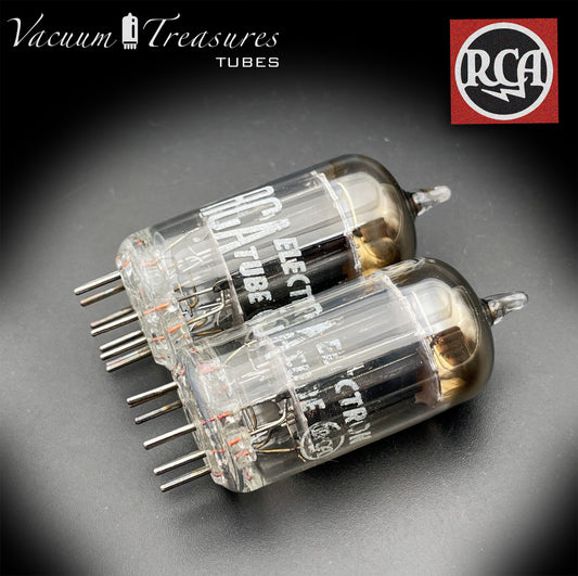 12AX7 / ECC83 RCA Matched Pair Long Black Plates Square Tilt getter Made in USA '58