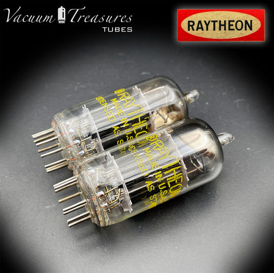 12AU7 / ECC82 RAYTHEON Matched Pair Long Black Plate Square Getter Tested Tubes USA '57