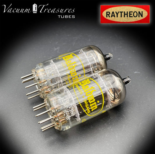 12AU7A / ECC82 NOS Baldwin by RAYTHEON Matched Pair Tubes Long Black Plates Halo Getter Made in USA '61
