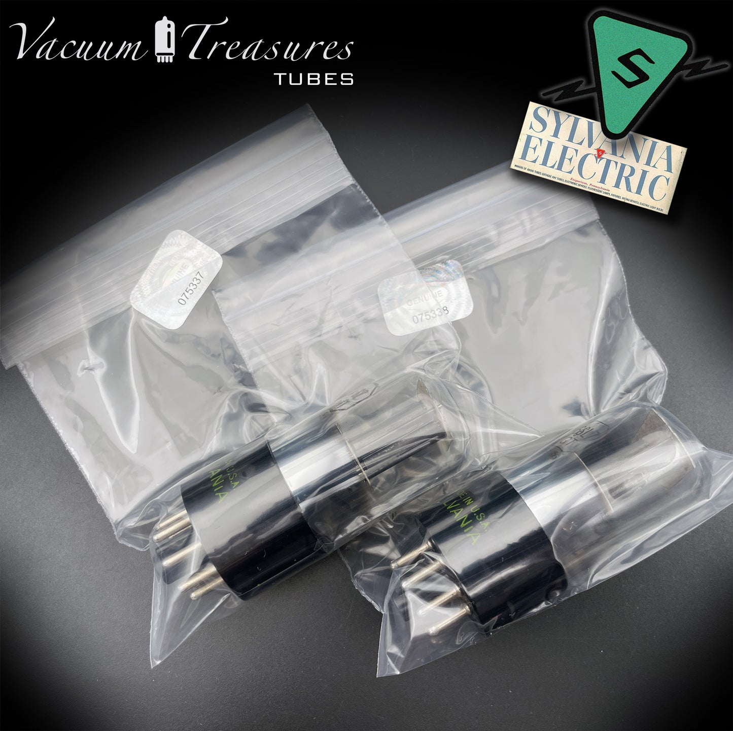 6SL7GT (VT-229) SYLVANIA NOS Black Round Plates Foil Getter AMPLITREX Matched Pair Made in USA '50s.