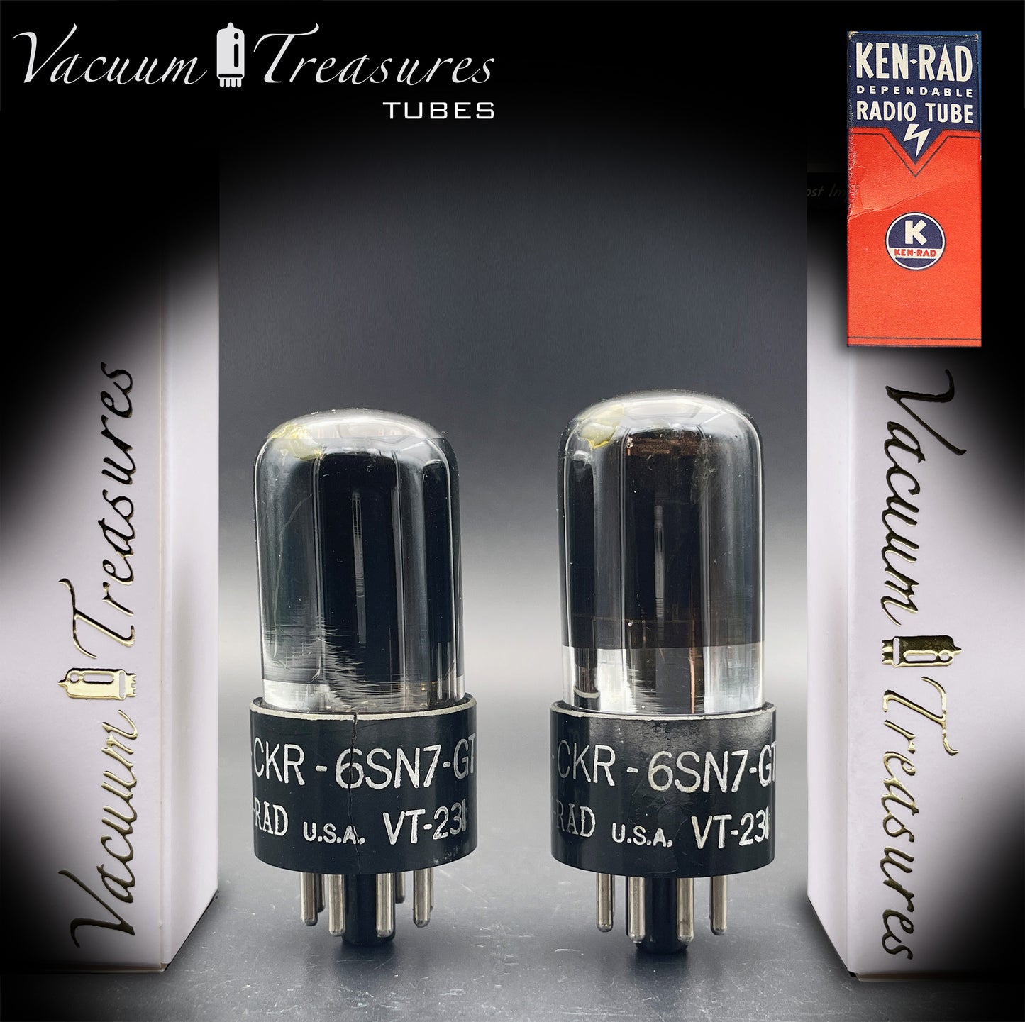 6SN7GT VT-231 KEN-RAD Black Plates Black Glass Foil Getter – Matched Pair – Made in USA anni ’40