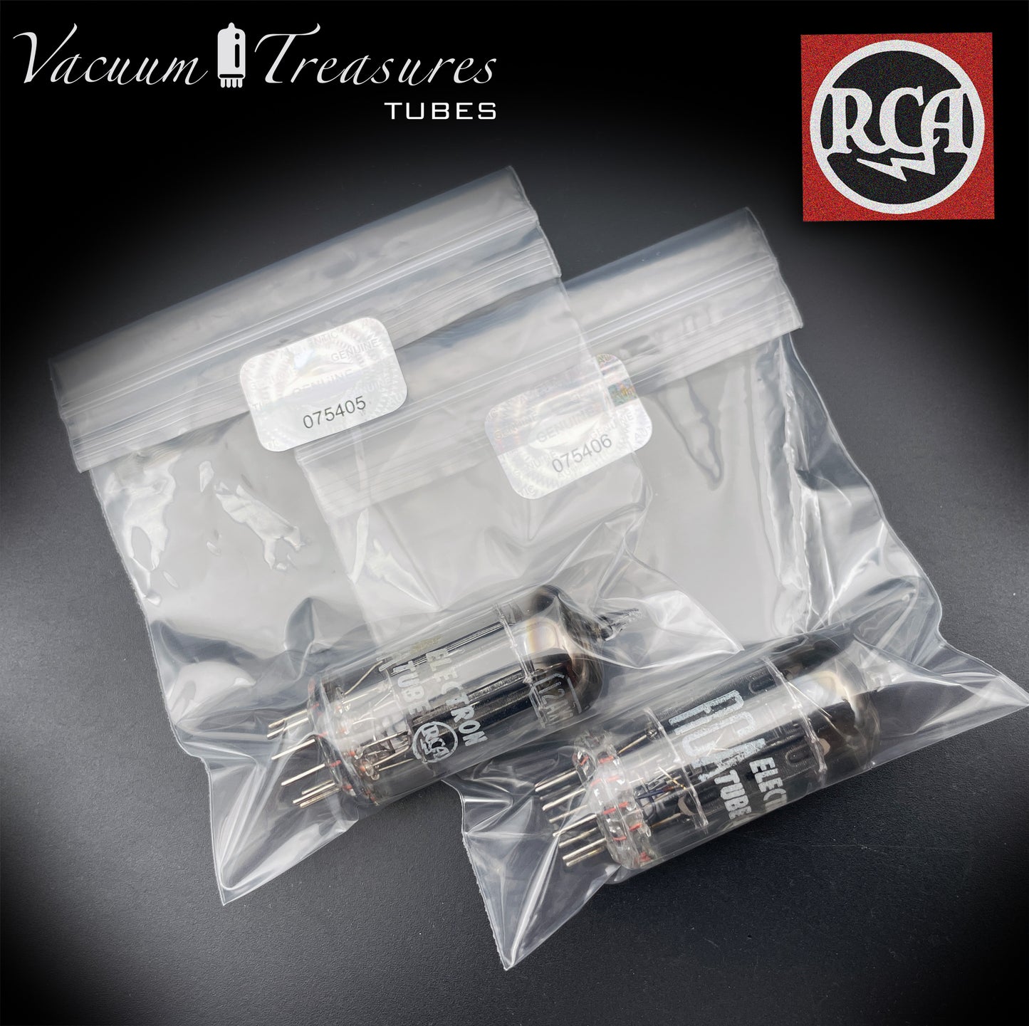 12AX7 / ECC83 RCA Matched Pair Long Black Plates Square Tilt getter Made in USA '58