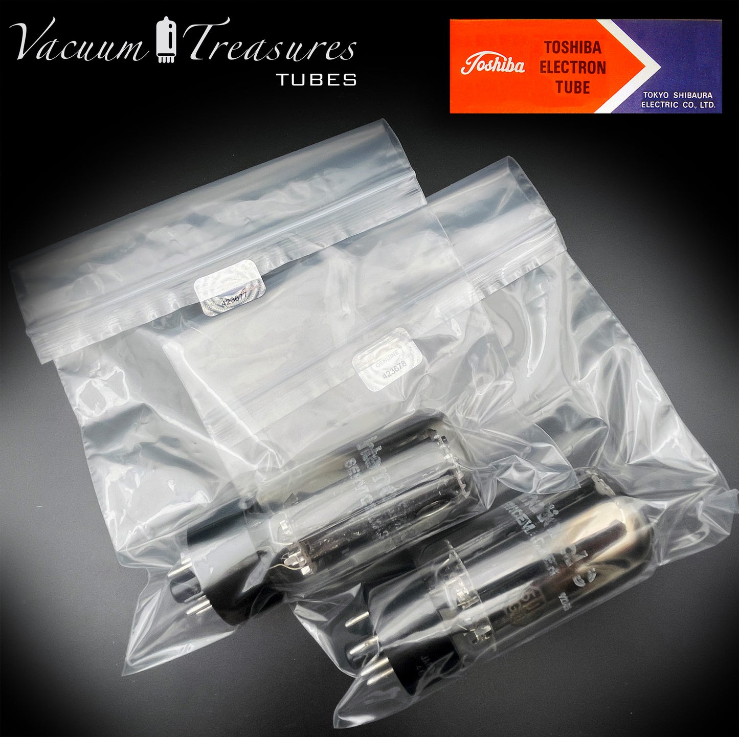 5U4GB 5AS4A NOS NIB TOSHIBA/International Black Plates Matched Pair Tubes Top Side Dual Disc Getter Rectifiers Made in JAPAN