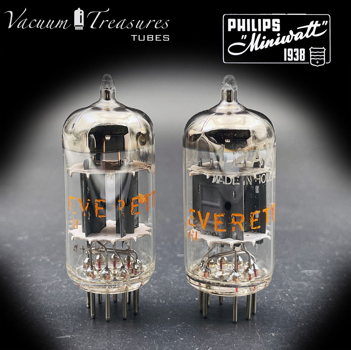 12AX7 / ECC83 NOS EVERETT by Philips Heerlen Matched Pair 1964 Short Gray Plates HOLLAND MADE