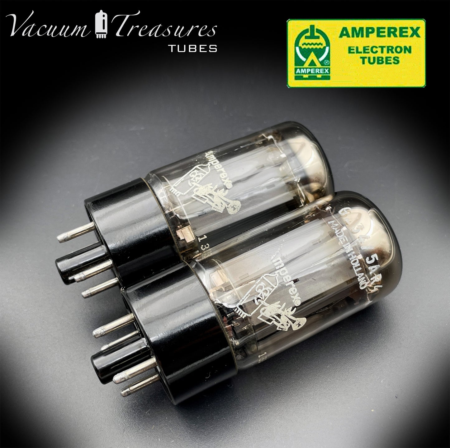 5AR4 ( GZ34 ) NOS AMPEREX Bugle Boy, Holland f33, smooth, Same codes, Matched Pair Tubes Rectifiers Made in HOLLAND