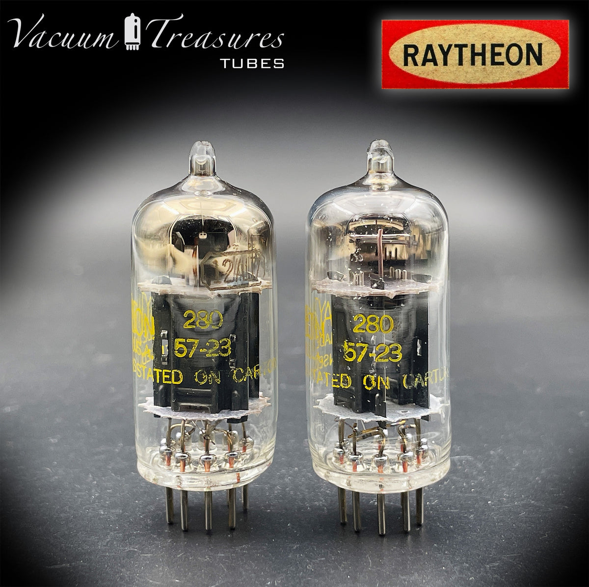 12AU7 / ECC82 RAYTHEON Matched Pair Long Black Plate Square Getter Tested Tubes USA '57