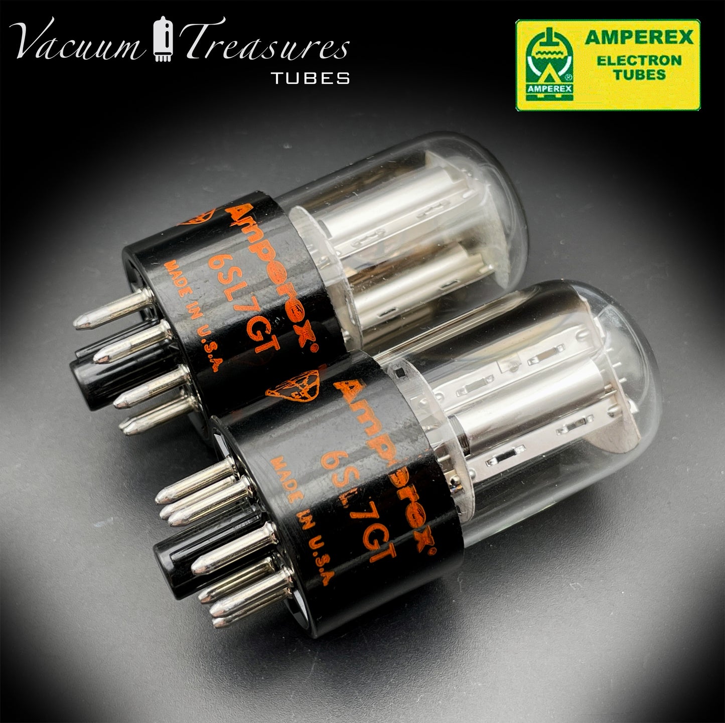 6SL7GT AMPEREX GLOBE Matched Pair Silver Plates Side Halo Getter Tubes USA 60s