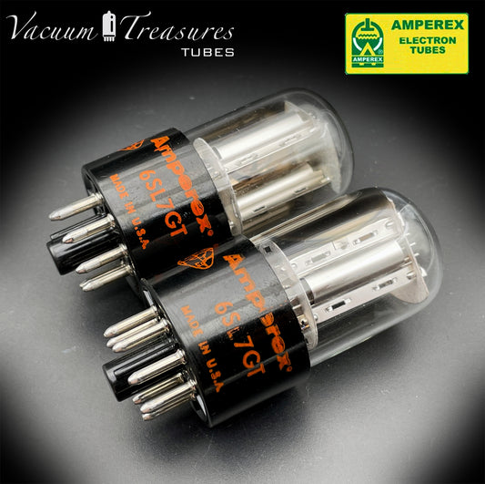 6SL7GT AMPEREX GLOBE Matched Pair Silver Plates Side Halo Getter Tubes USA 60s