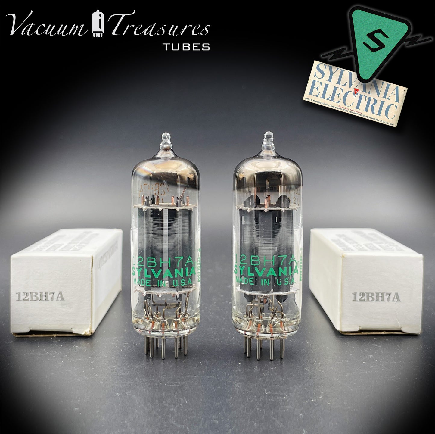 12BH7A ( 7032 ) NOS NIB Sylvania Gray Plates Halo Getter Matched Pair Tubes USA 1975