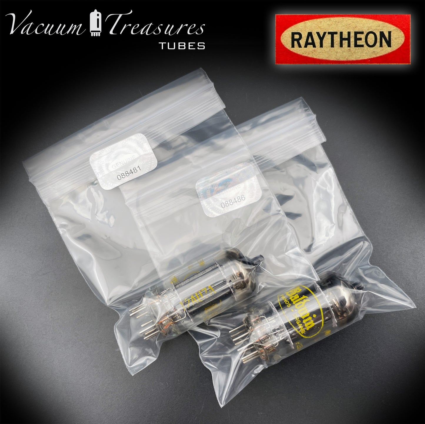 12AU7A / ECC82 NOS Baldwin by RAYTHEON Matched Pair Tubes Long Black Plates Halo Getter Made in USA '61