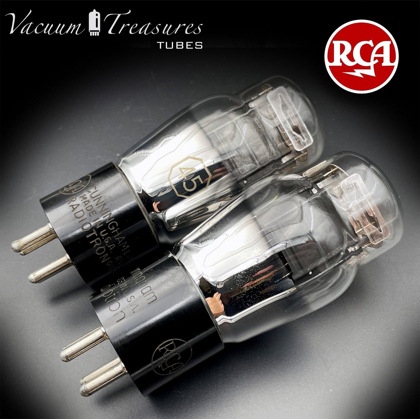 45 ST RCA Cunningham Matched Pair Black Plates Foil Dimpled Getter Radiotron Tubes Made in USA 1930's