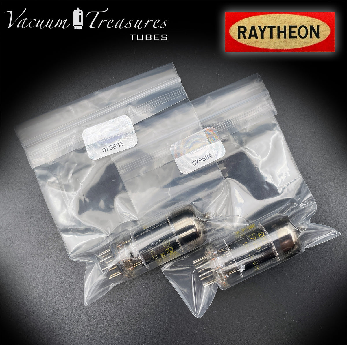 12AU7 / ECC82 RAYTHEON Matched Pair Long Black Plate Square Getter Tested Tubes USA '57