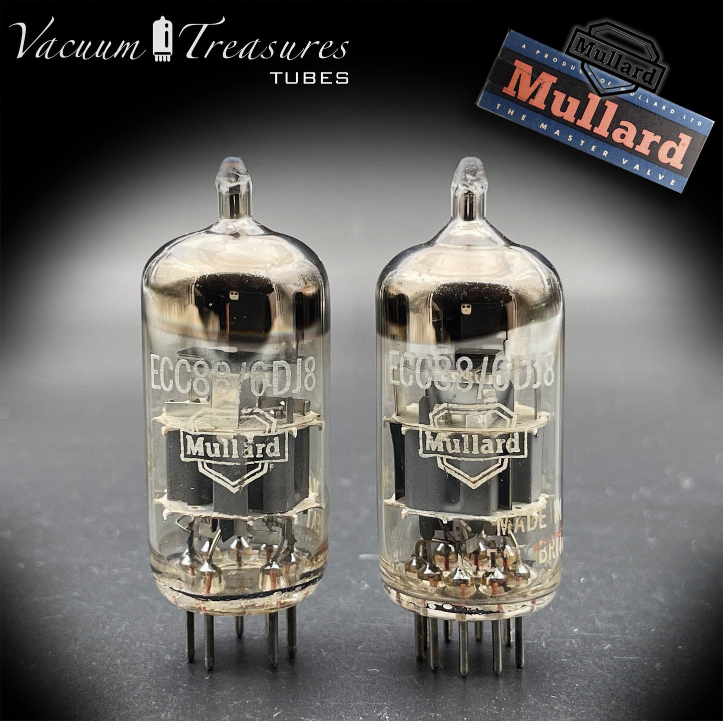 ECC88 / 6DJ8 MULLARD Blackburn Large Halo Getter - Matched Pair - GA1 B1F - AMPLITREX Tested - Made in Great Britain ’50s