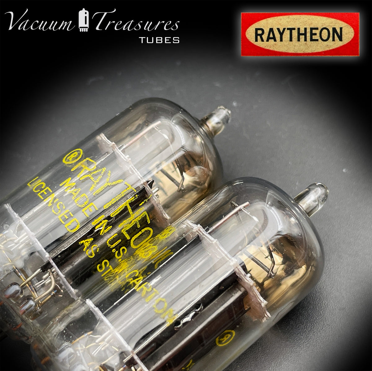 12AU7 / ECC82 RAYTHEON Matched Pair Long Black Plate Square Getter Tested Tubes USA '57