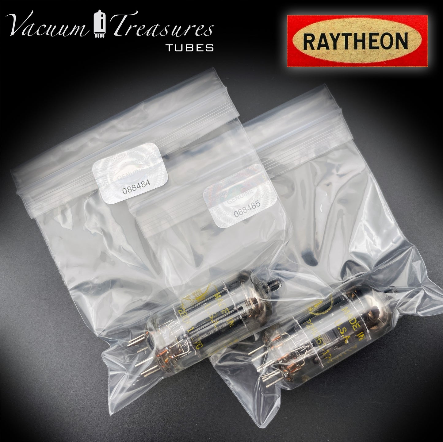 12AU7A / ECC82 NOS Baldwin by RAYTHEON Matched Pair Tubes Long Black Plates Halo Getter Made in USA '61