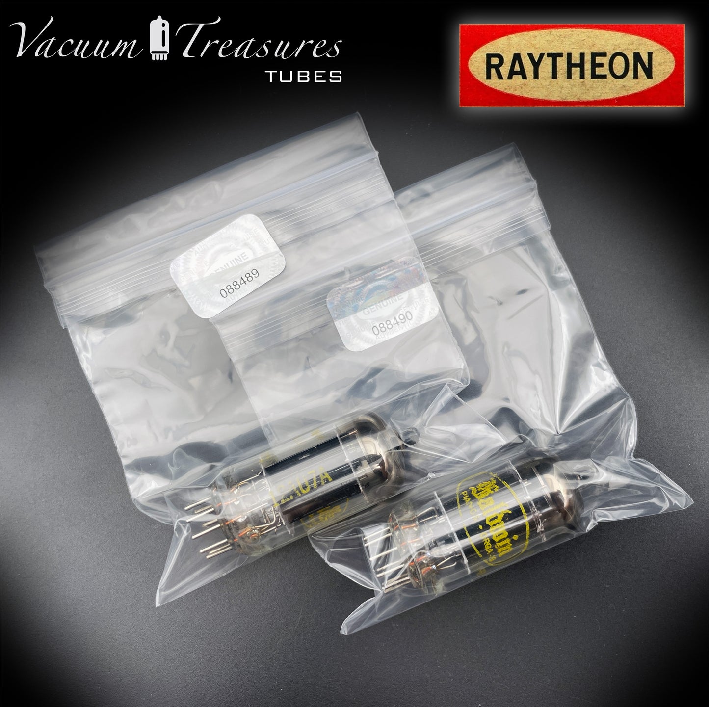 12AU7A / ECC82 NOS Baldwin by RAYTHEON Matched Pair Tubes Long Black Plates Halo Getter Made in USA '61