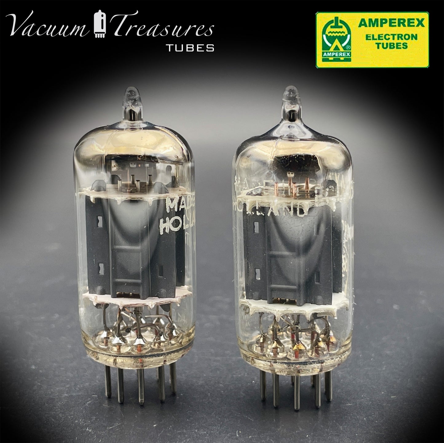 12AX7 / ECC83 NOS Amperex Bugle Boy Matched Pair AMPLITREX Tested Long Plates Foil Getter '58