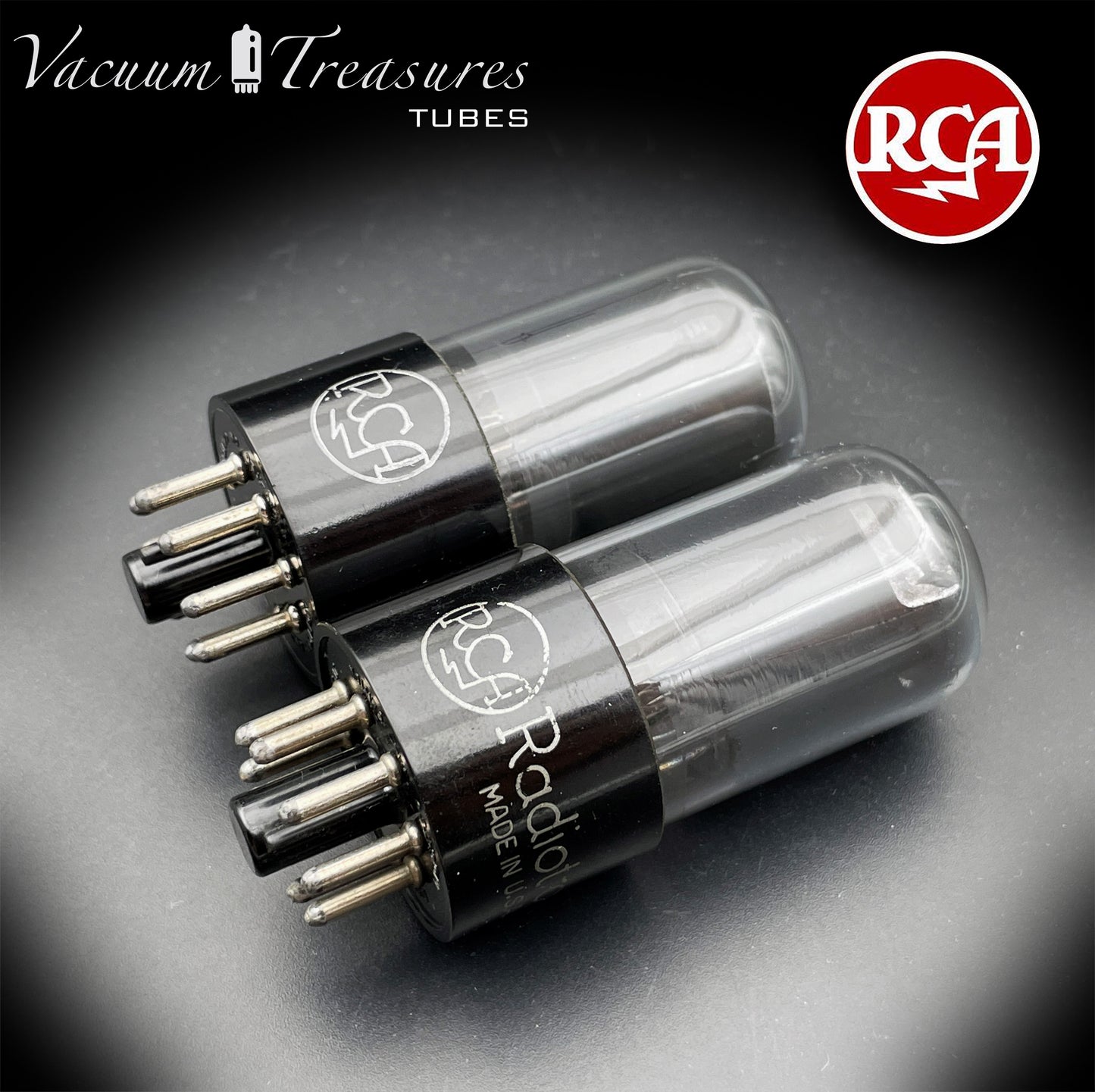 6SN7 GT RCA Radiotron Smoked Glass Matched Pair Silver Logo Black Plates D Getter AMPLITREX Tested Low Noise Tubes
