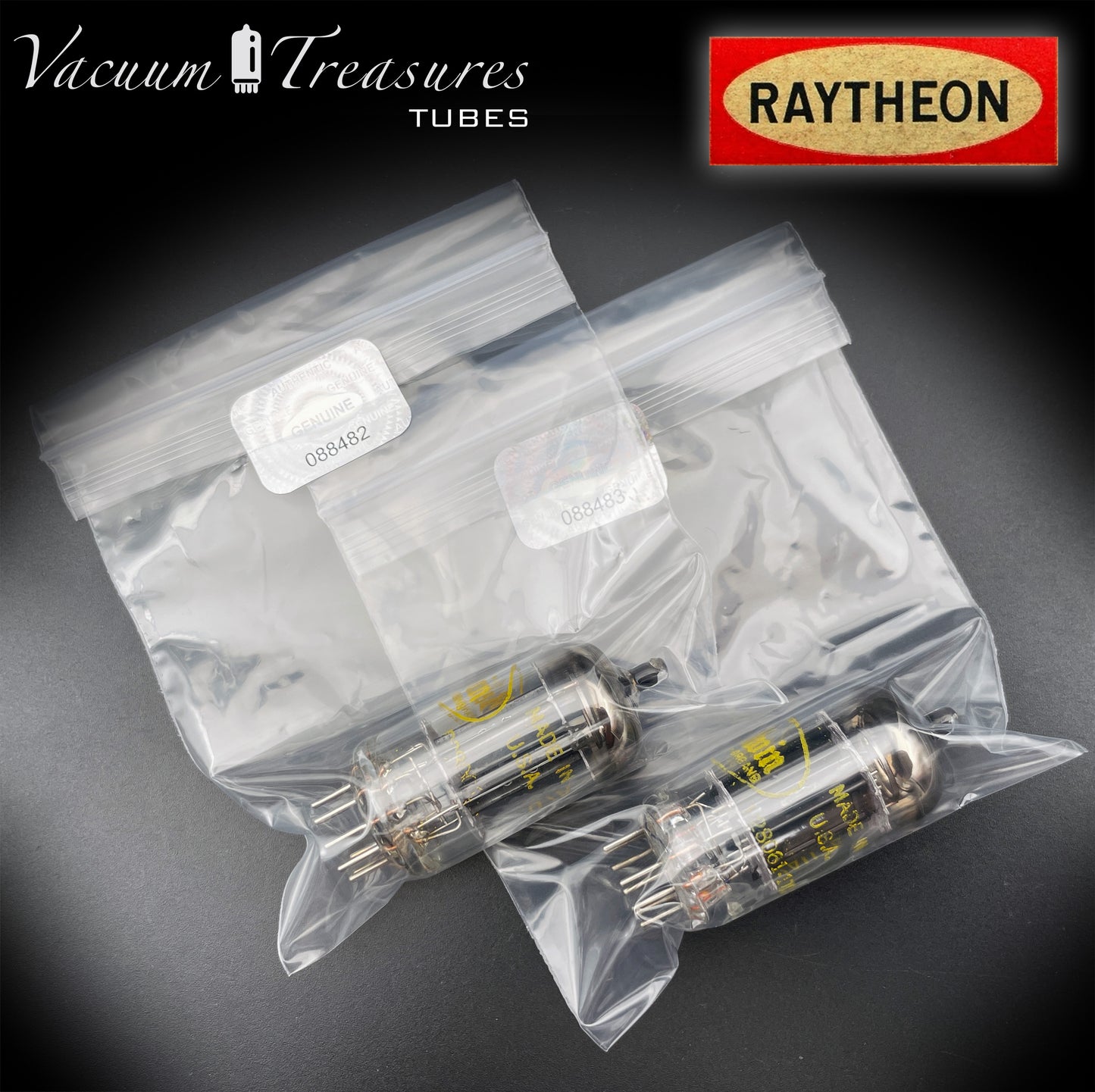 12AU7A / ECC82 NOS Baldwin by RAYTHEON Matched Pair Tubes Long Black Plates Halo Getter Made in USA '61