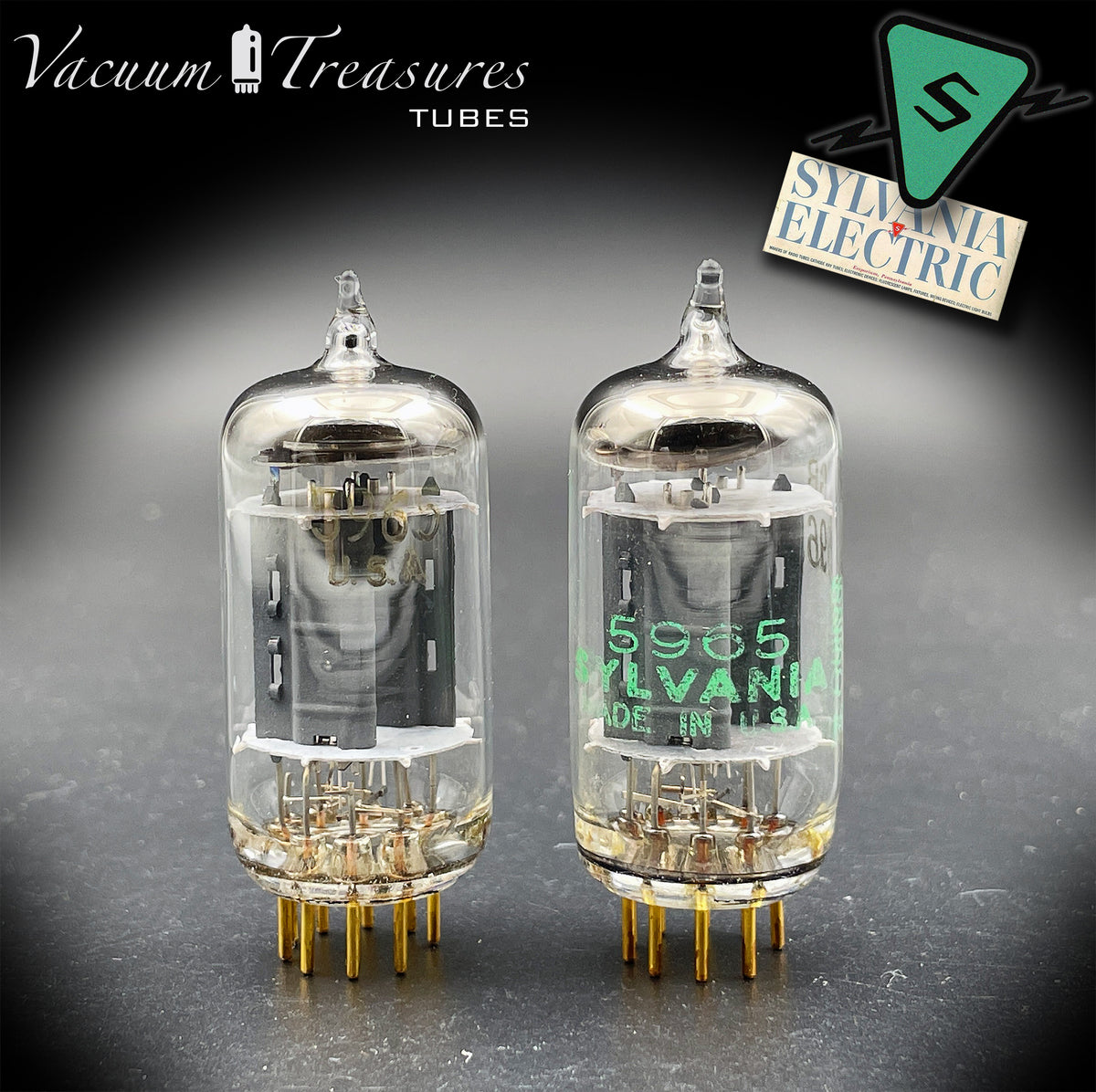 5965 / E180CC NOS NIB SYLVANIA Triple Mica Gold Pin Tested Pair Balanced Sections Made in USA