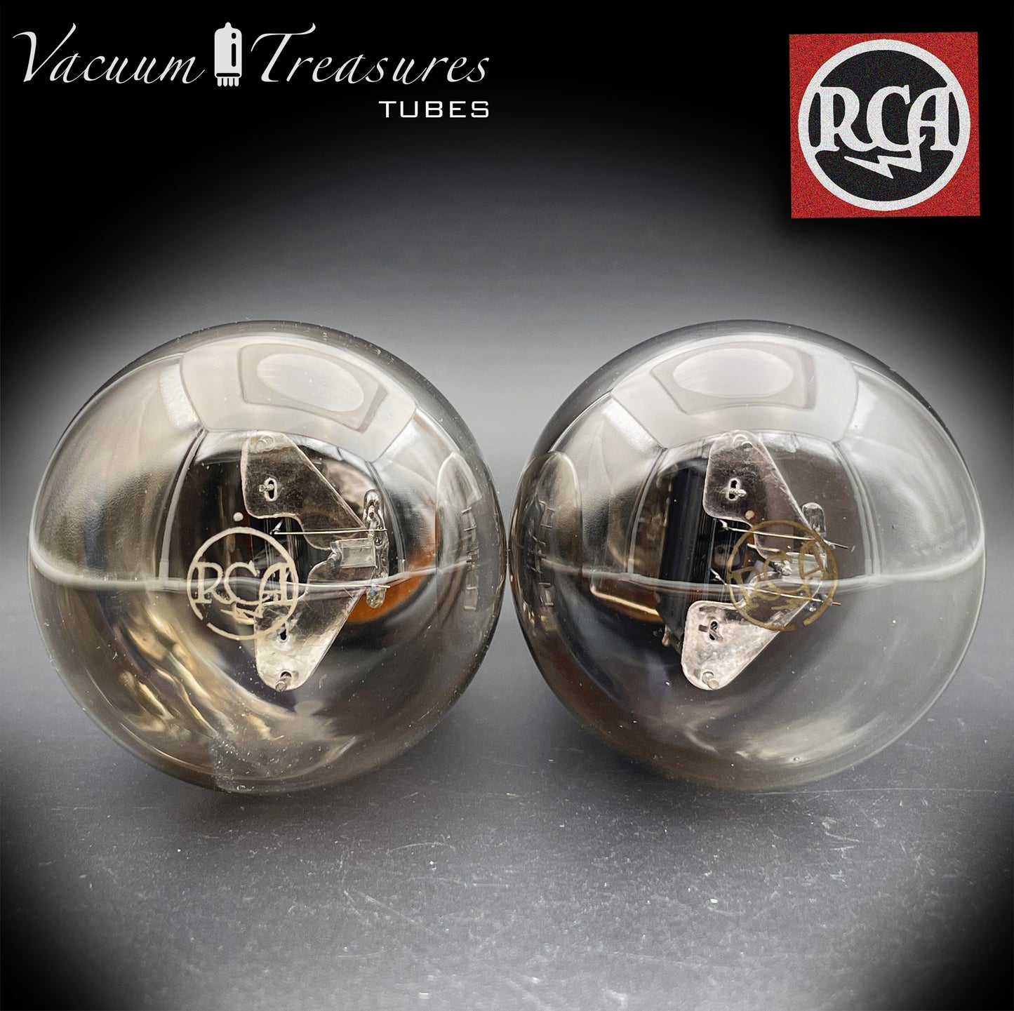 45 RCA Balloon Globe Black Plates Foil Dimpled Getter Matched Pair Radiotron Tubes Made in USA 1930's