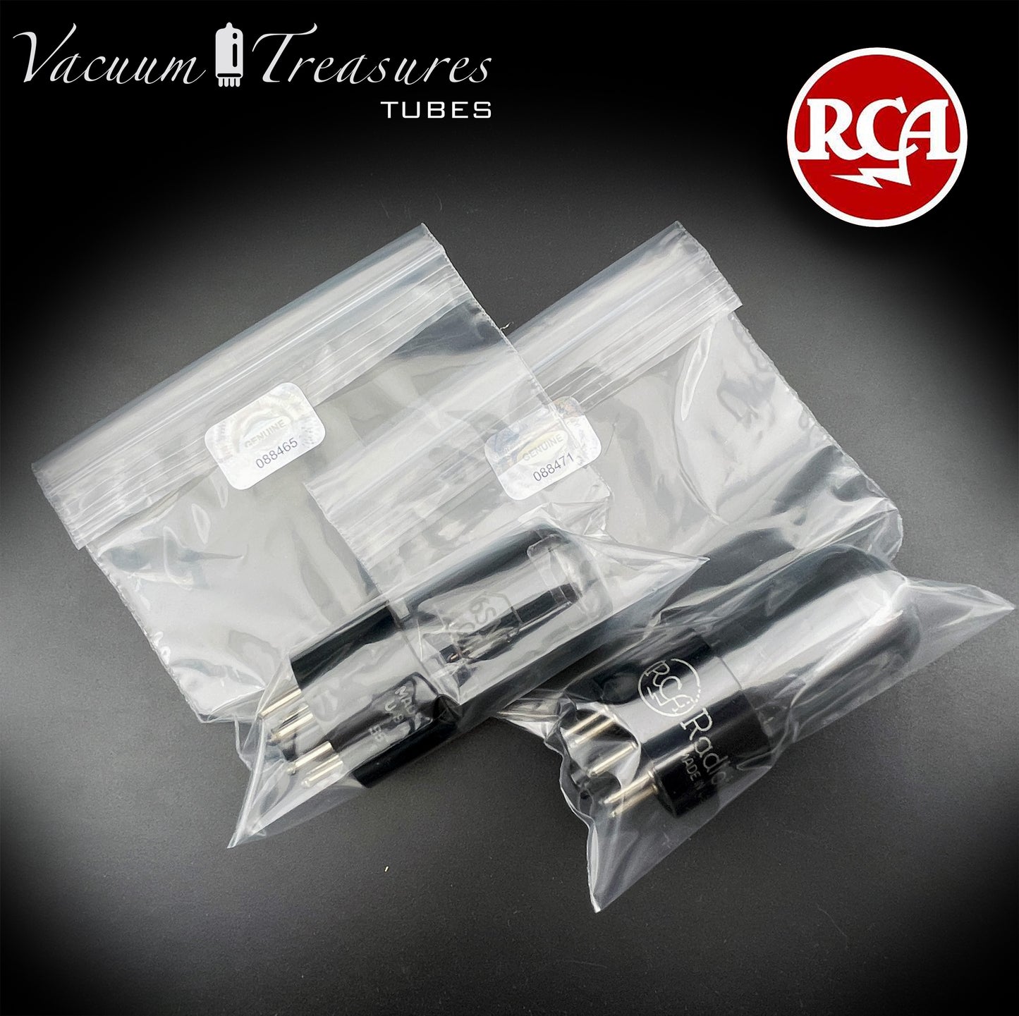 6SN7 GT RCA Radiotron Smoked Glass Matched Pair Silver Logo Black Plates D Getter AMPLITREX Tested Low Noise Tubes