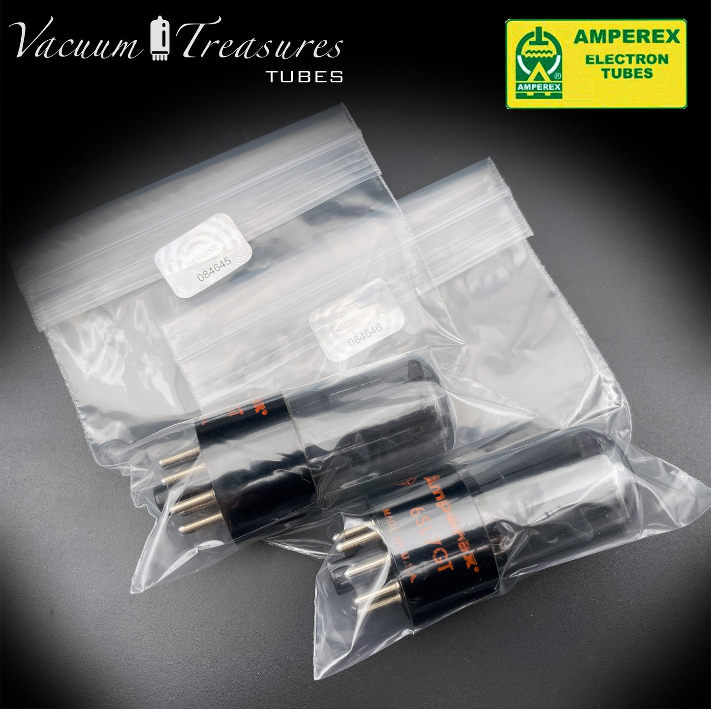 6SL7GT AMPEREX GLOBE AMPLITREX Tested Pair Black Plates Square Getter Tubes USA 60s
