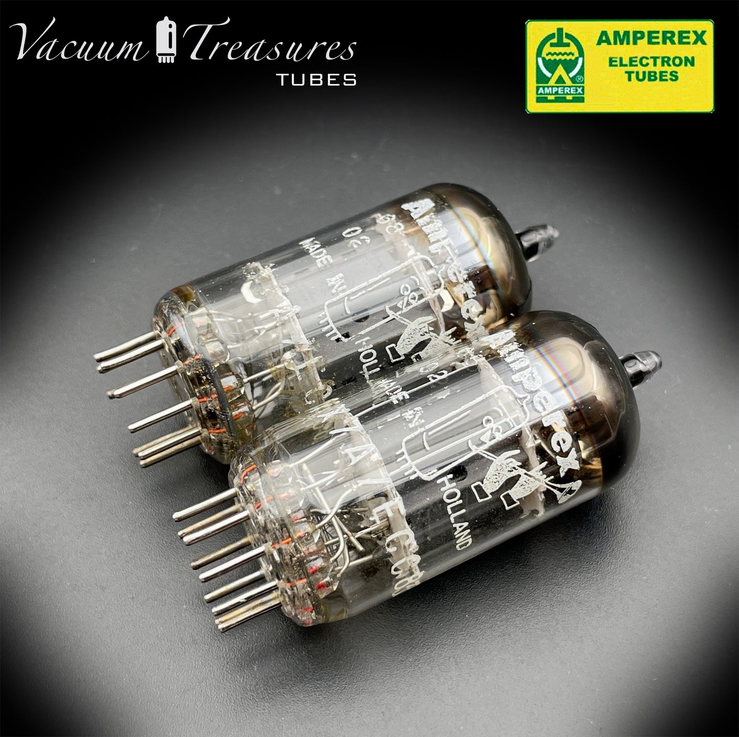 12AX7 / ECC83 NOS AMPEREX Bugle Boy Matched Pair Short plates Same Date Codes Tubes MADE IN HOLLAND '67