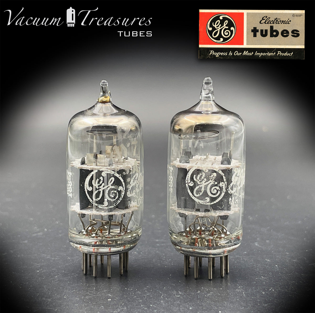 12AY7 GE Matched Pair Gray Ribbed Plates Halo Getter Tube Made In USA '60