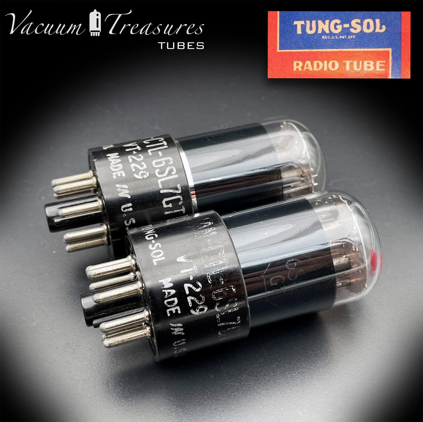 6SL7 GT ( VT-229 ) TUNG-SOL JAN CTL Black Glass Black Round Plates Matched Tubes Made in USA '50s