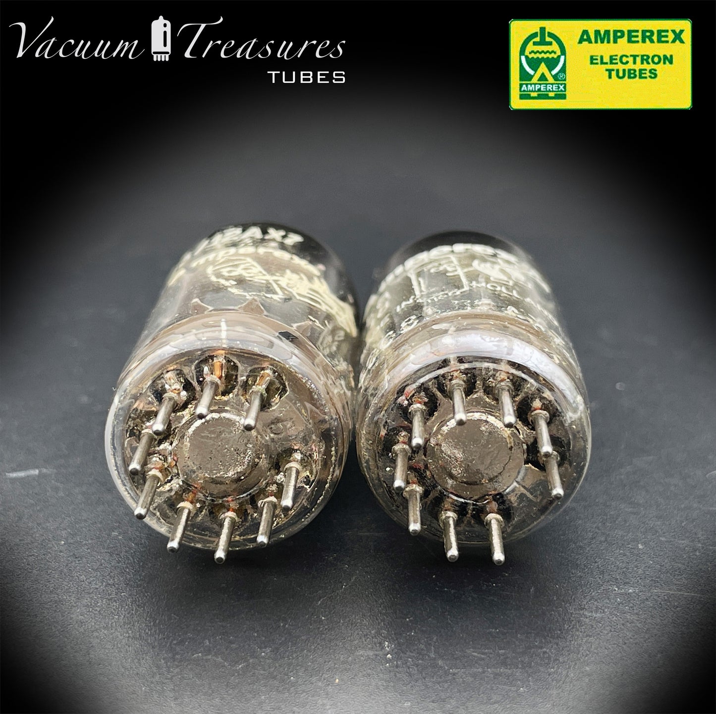 12AX7 / ECC83 NOS Amperex Bugle Boy Matched Pair AMPLITREX Tested Long Plates Foil Getter '50s