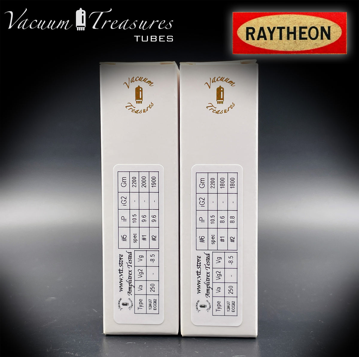 12AU7 / ECC82 RAYTHEON Matched Pair Long Black Plate Square Getter Tested Tubes USA '57