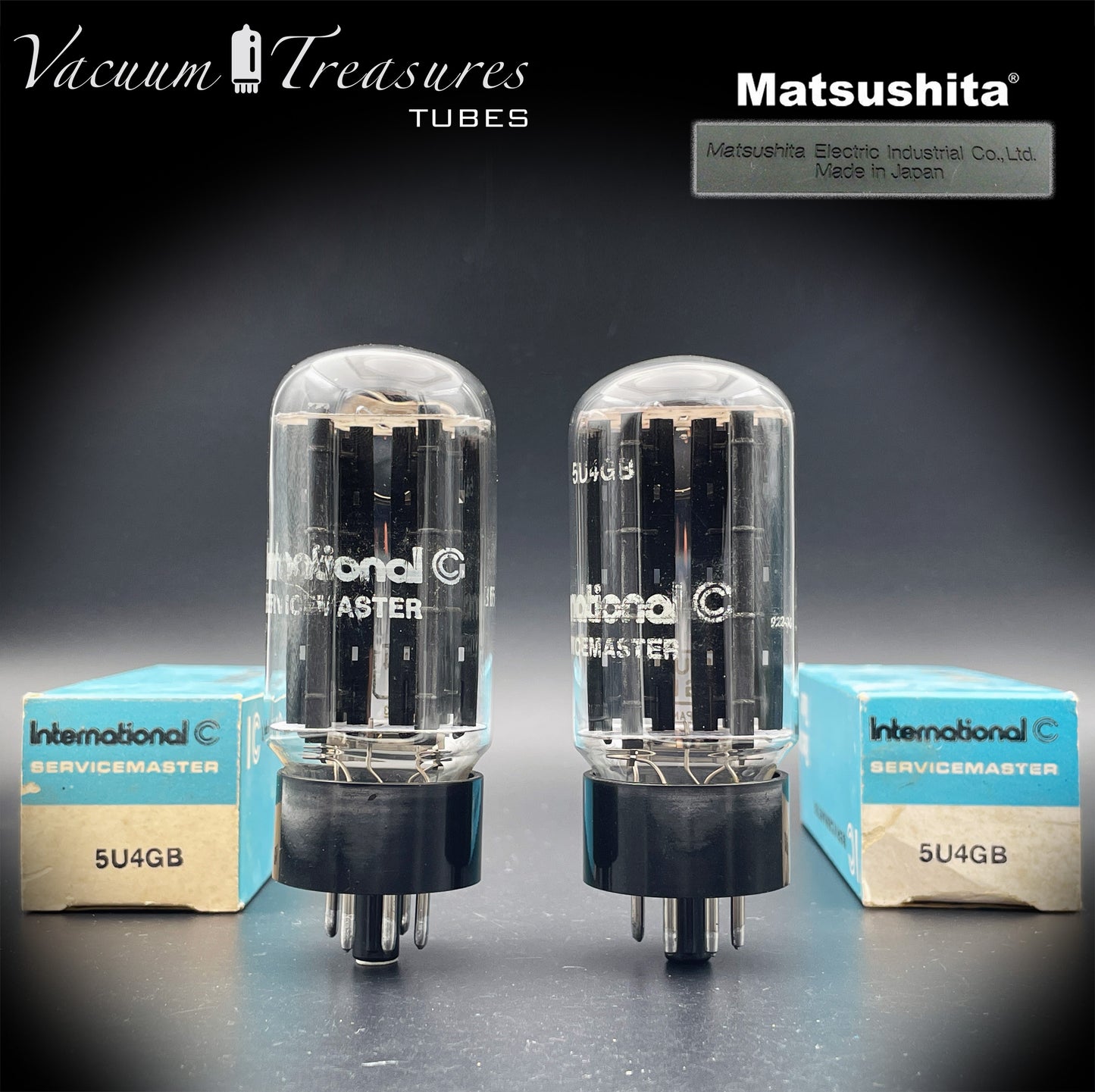 5U4GB 5AS4A NOS NIB MATSUSHITA/International Black Plates Matched Pair Tubes Top Side Halo Getter Rectifiers Made in JAPAN