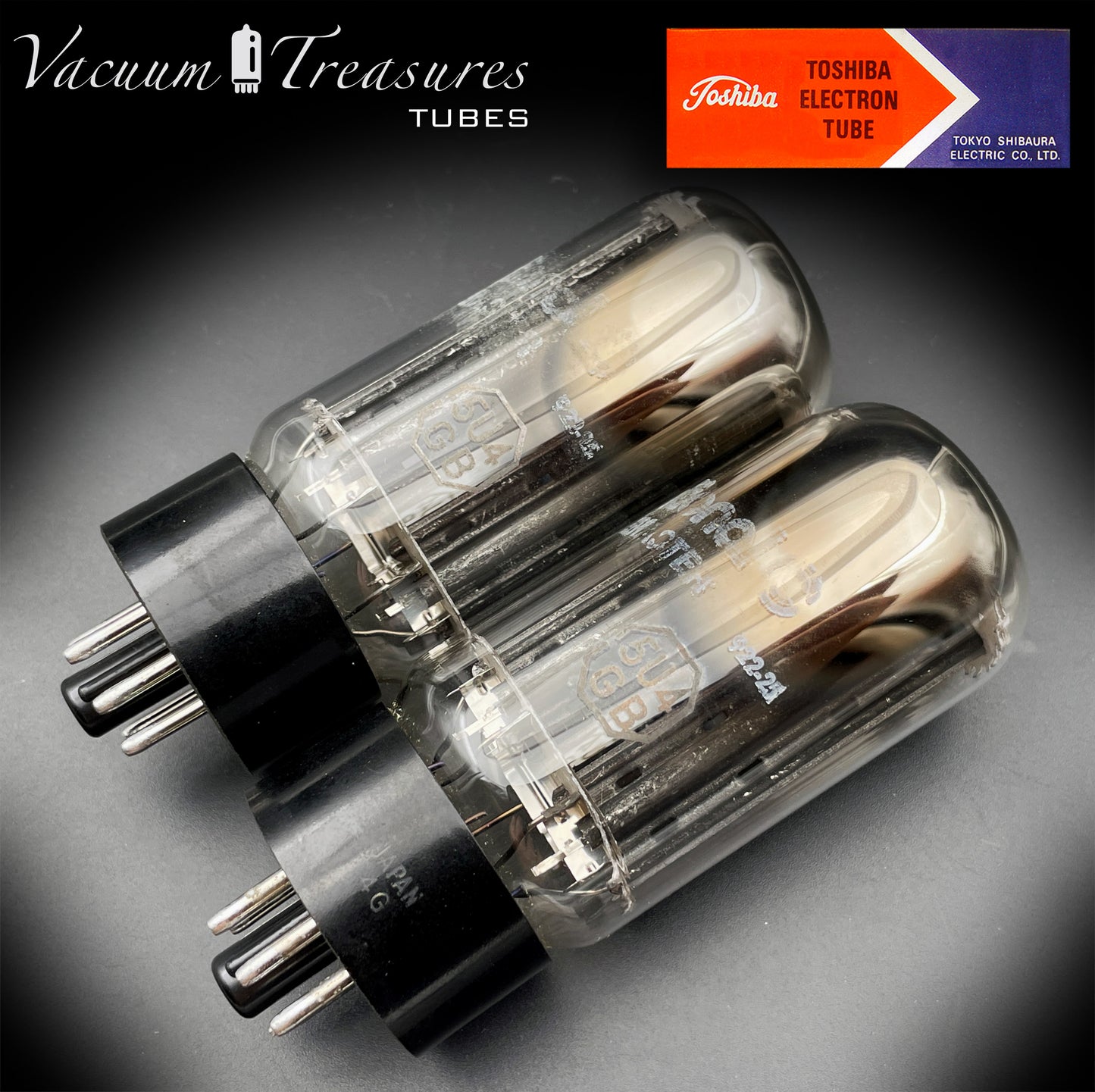 5U4GB 5AS4A NOS NIB TOSHIBA/International Black Plates Matched Pair Tubes Top Side Dual Disc Getter Rectifiers Made in JAPAN