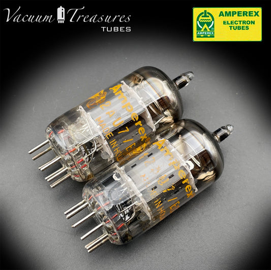 12AU7 / ECC82 NOS AMPEREX Matched Pair - Orange Globe Heerlen 1960 - Short Gray Plates - Balanced - Amplitrex Tested - Same Data Codes