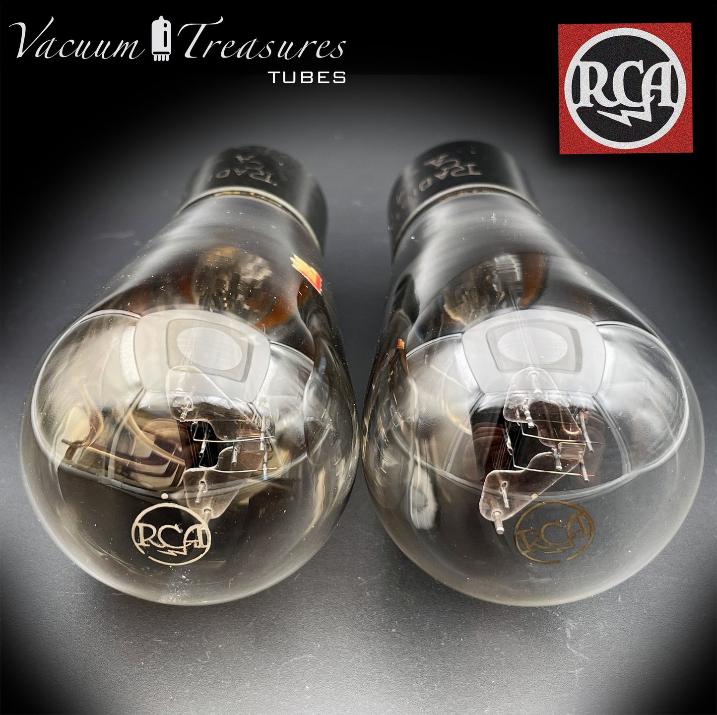 45 RCA Balloon Globe Black Plates Foil Dimpled Getter Matched Pair Radiotron Tubes Made in USA 1930's