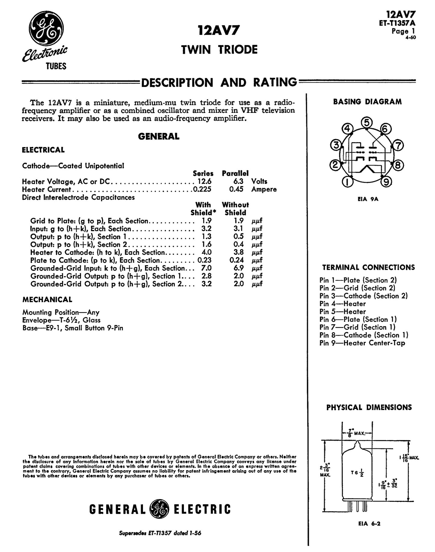 12AV7 GE NOS NIB Short Gray Plates D Getter Tested Tube Made in USA '62