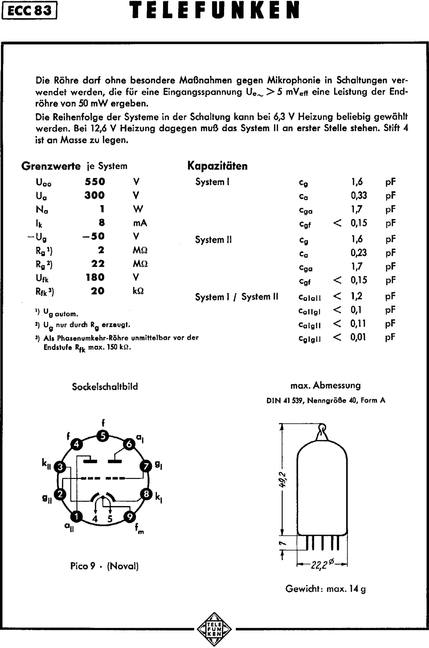 12AX7 ECC83 NOS Telefunken – Smooth Plates Diamond Bottom Tested Tube Western Germany