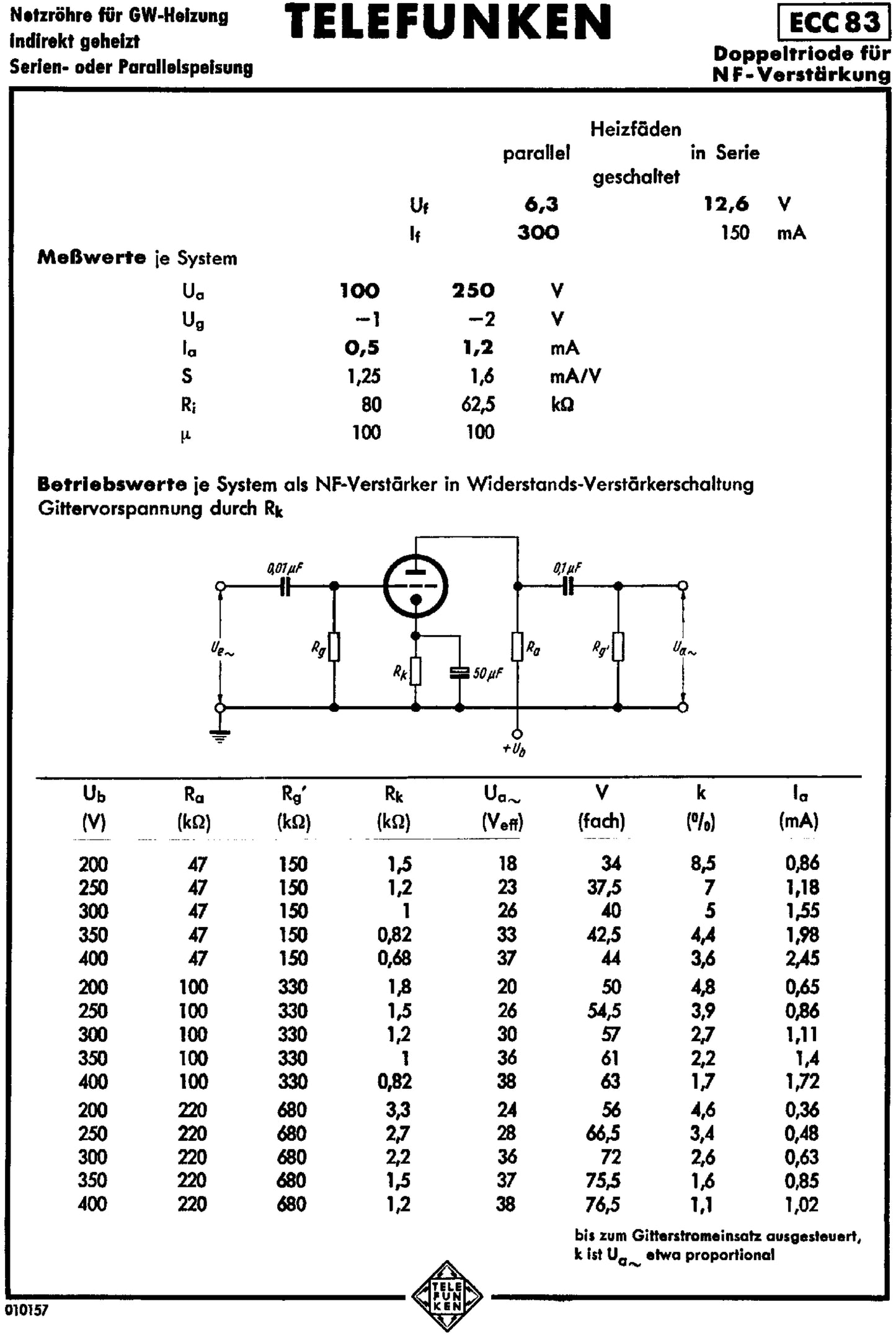 12AX7 ECC83 NOS Telefunken – Smooth Plates Diamond Bottom Tested Tube Western Germany