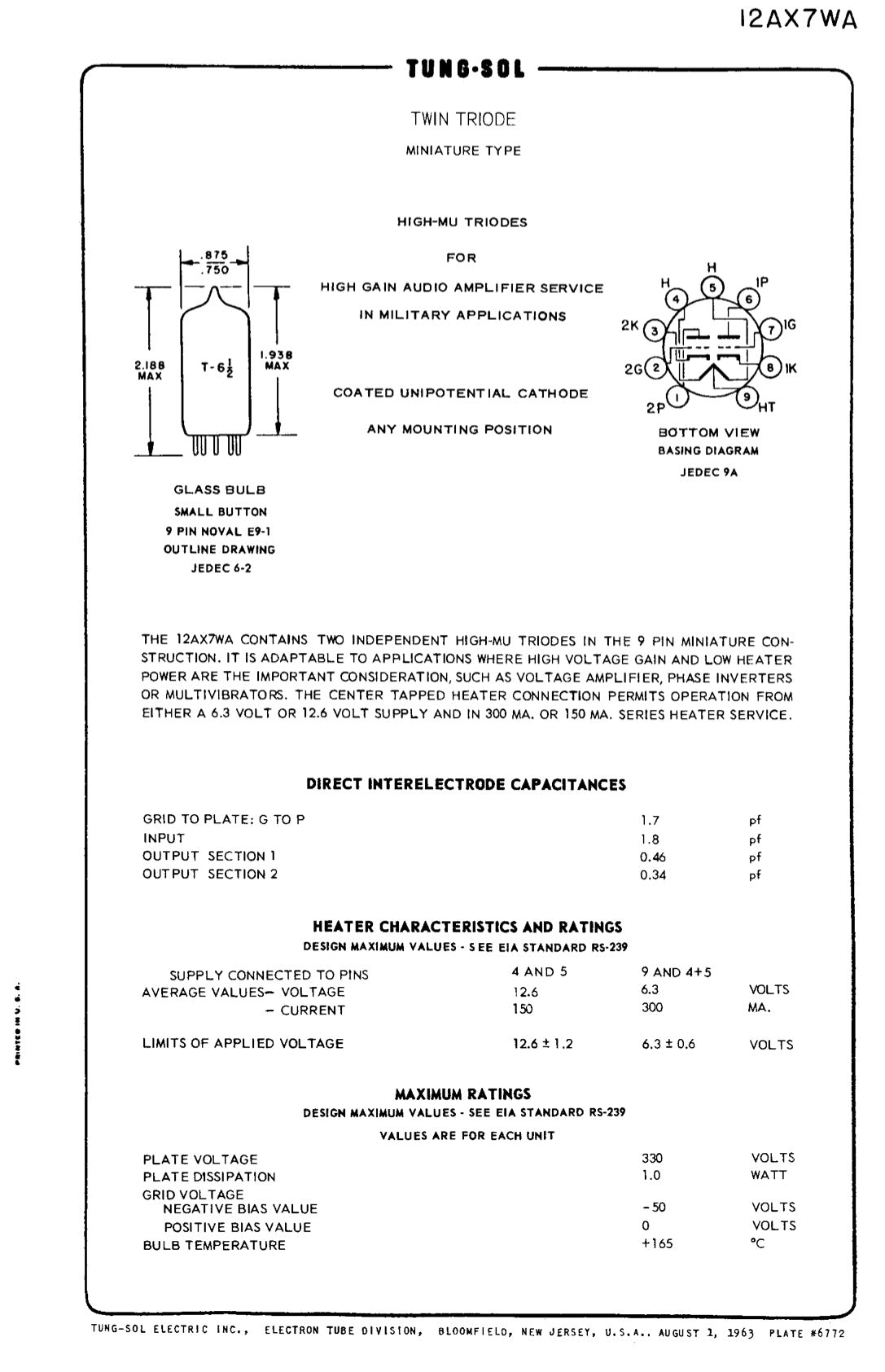 US AF 12AX7 WA E83CC NOS TUNG-SOL Long Gray Plates Halo Getter Tested Tube MADE IN USA '63