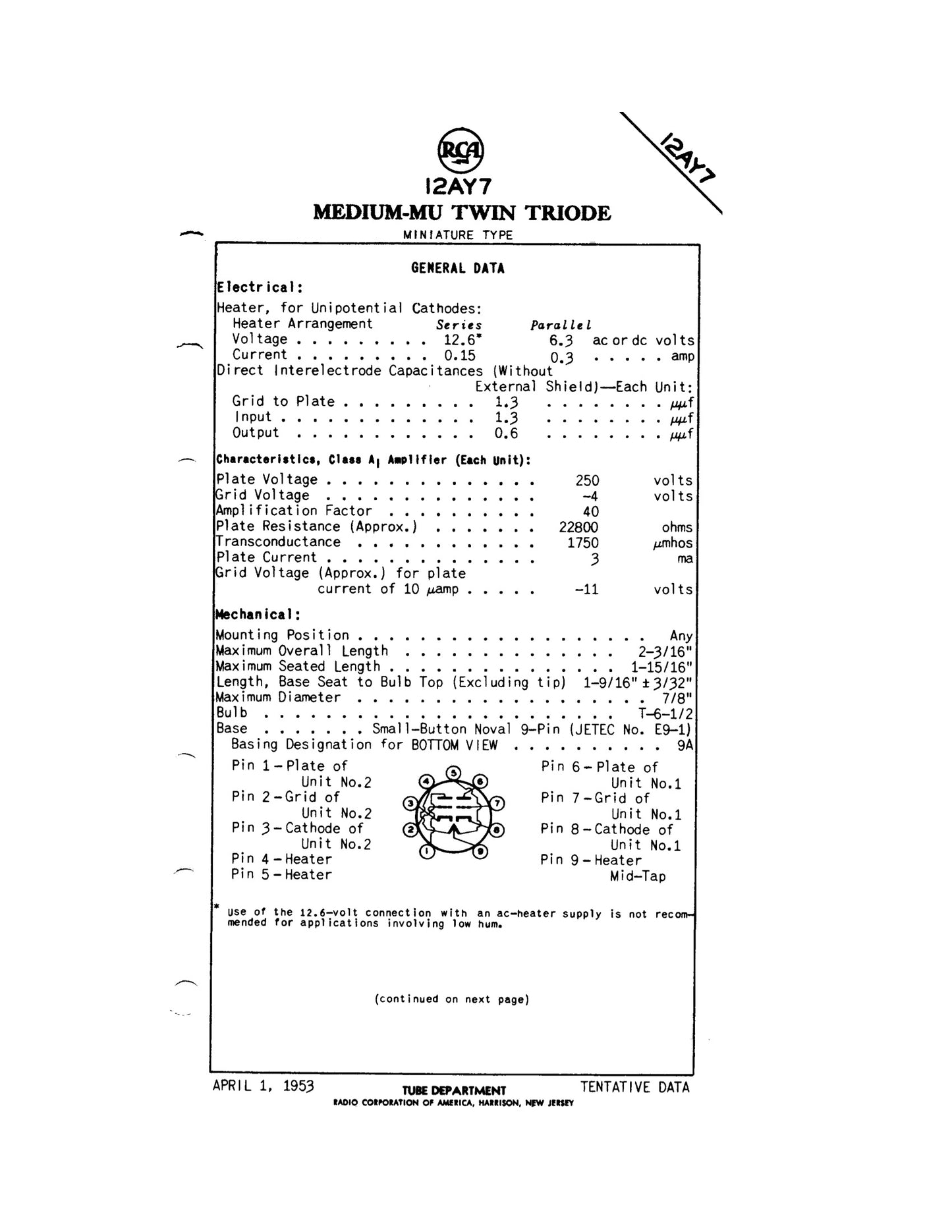 12AY7 RCA NOS NIB Gray Plates O Getter Tested Tube MADE IN USA
