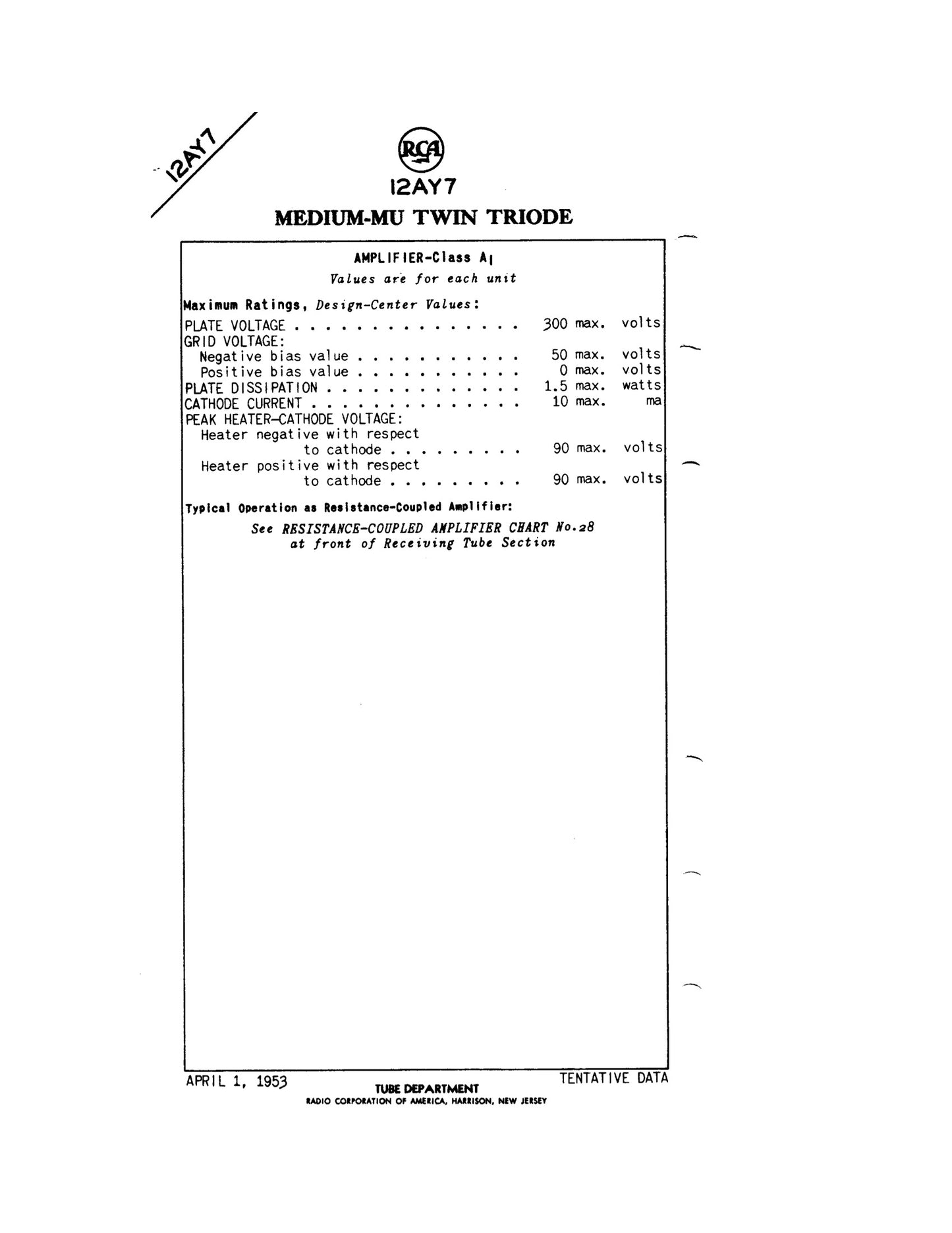 12AY7 RCA NOS NIB Gray Plates O Getter Tested Tube MADE IN USA