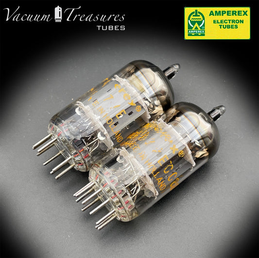 12AU7 / ECC82 NOS AMPEREX Matched Pair - Orange Globe Heerlen 1960 - Short Gray Plates - Balanced - Amplitrex Tested