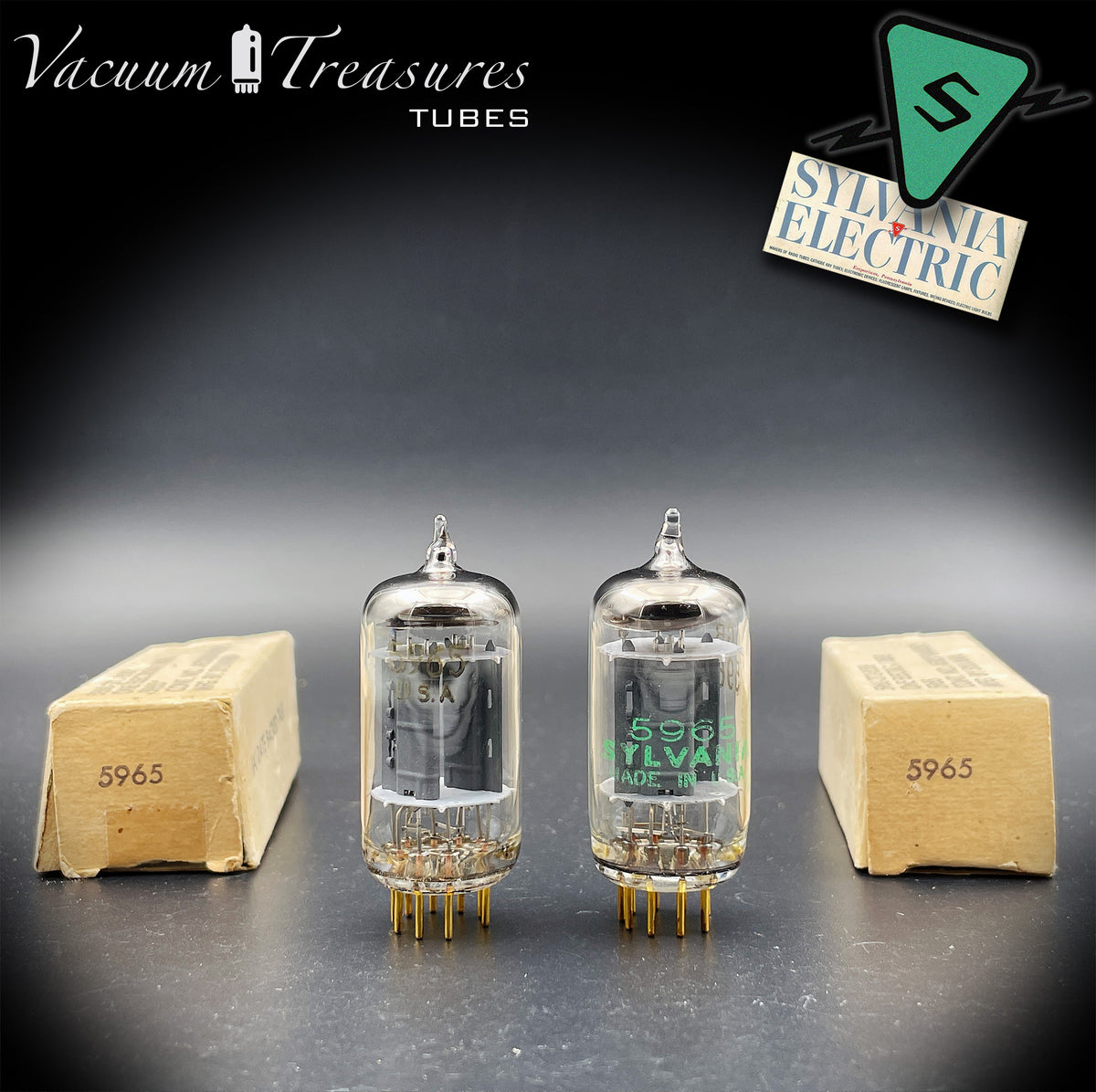 5965 / E180CC NOS NIB SYLVANIA Triple Mica Gold Pin Tested Pair Balanced Sections Made in USA