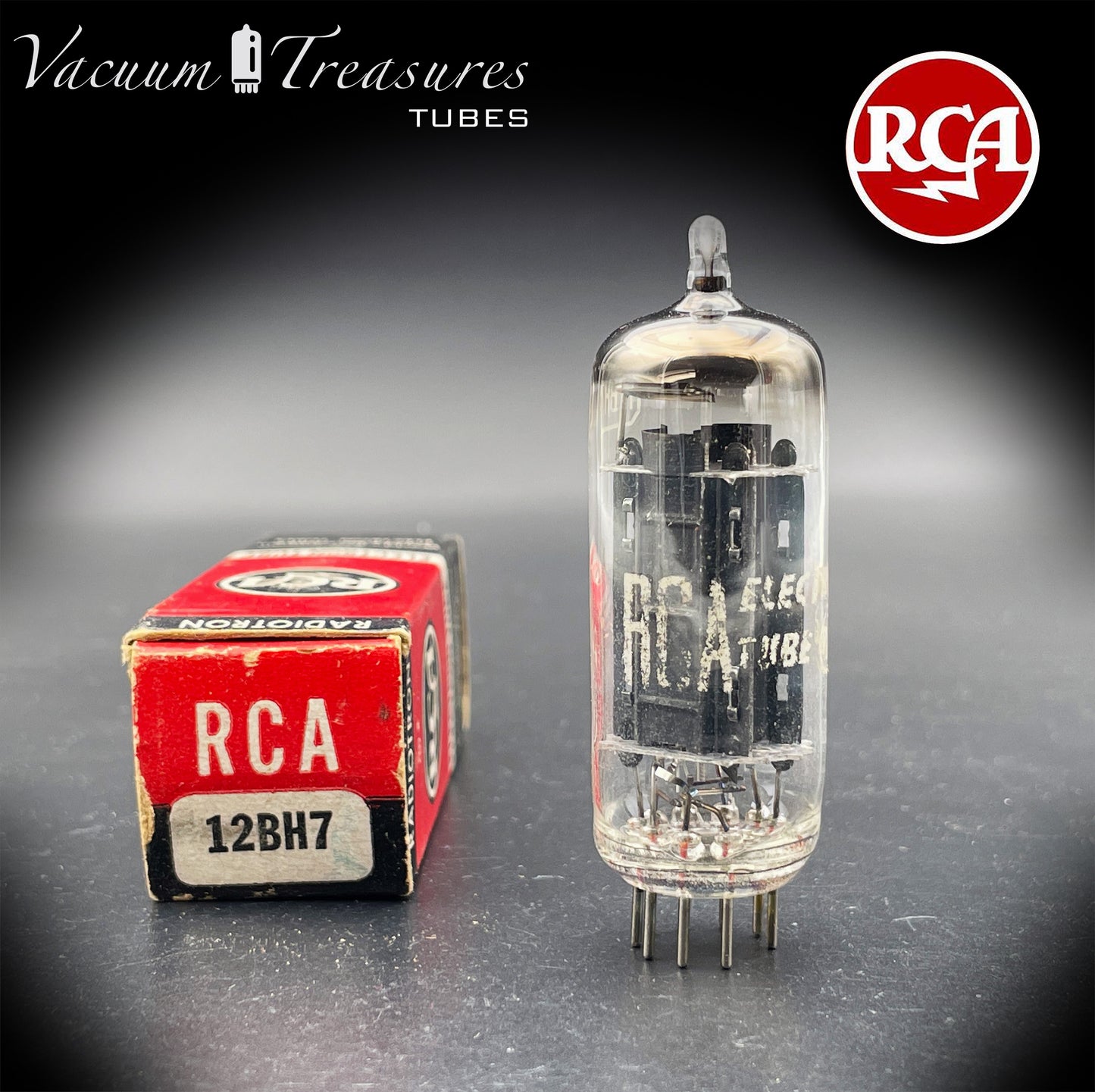 12BH7A RCA NOS NIB Black Plates Dimpled D-Foil Getter USA 1950s AMPLITREX Tested